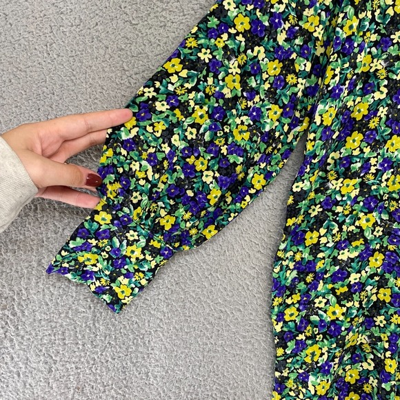 Zara Top Womens Small Oversized Button Up Long Bishop Sleeve Ditsy Yellow Blue - Picture 5 of 15